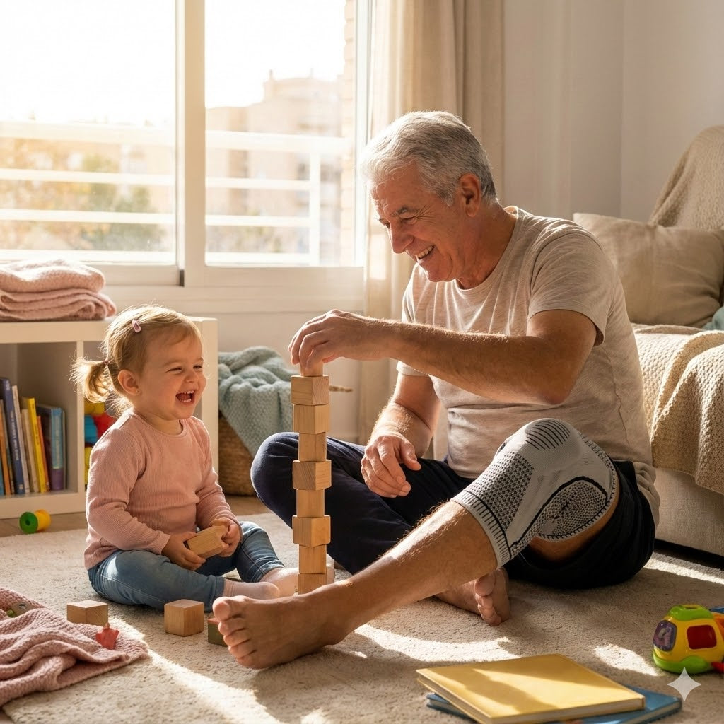 Older man wearing a knee sleeve, sitting on the floor playing with a child at home